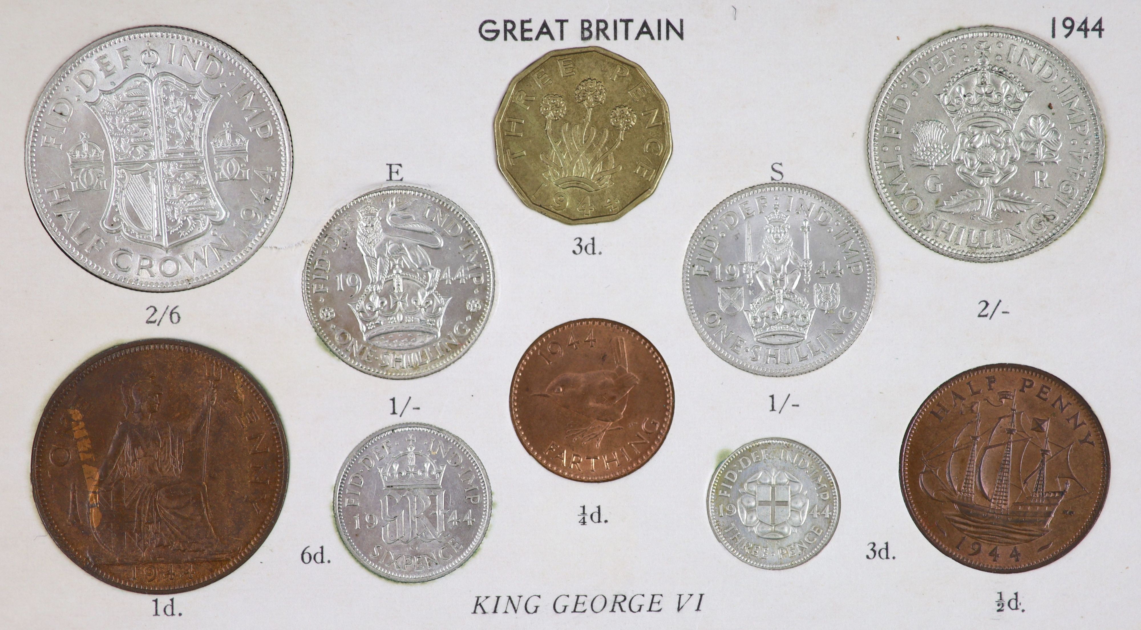 George VI specimen coin sets for 1944 and 1945, including the rare 1944 silver threepence, first coinage, all about EF or better